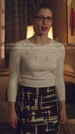 Felicity's white embellished sweater and printed pencil skirt on Arrow