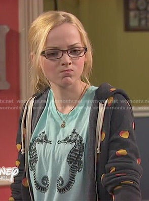 Maddie's seahorse print top and peach print hoodie on Liv and Maddie