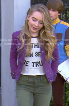 Maya’s To Thine Own Self Be True top and purple studded denim jacket on Girl Meets World