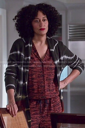 Rainbow's red printed jumpsuit and tie dyed cardigan on Black-ish