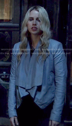 Rebekah's blue draped leather jacket on The Originals