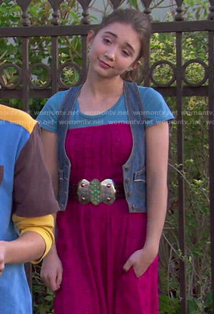 Riley’s red strapless jumpsuit, blue tee and denim vest on Girl Meets World