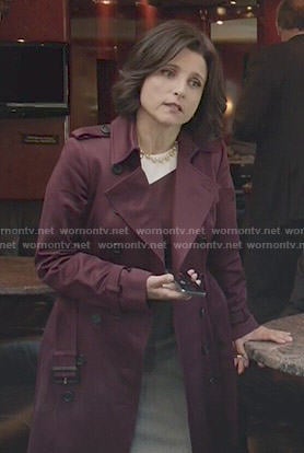 Selina’s colorblock dress and burgundy trench coat on Veep