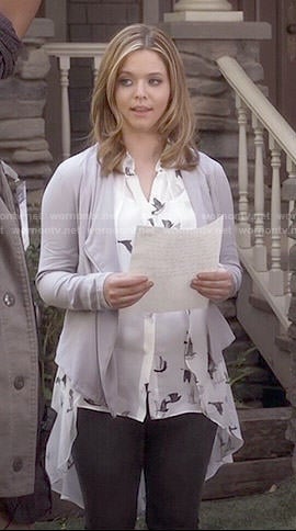 Ali's bird print blouse and grey draped jacket on Pretty Little Liars