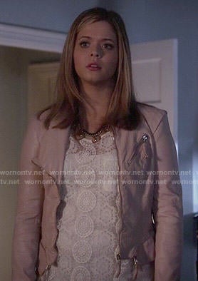 Ali's white lace top and light pink leather jacket on Pretty Little Liars