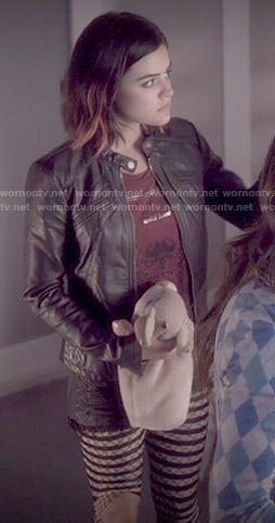 Aria’s wild love top, leather jacket and black lace up denim shorts on Pretty Little Liars