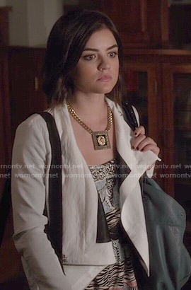 Aria's animal print romper and white jacket on Pretty Little Liars