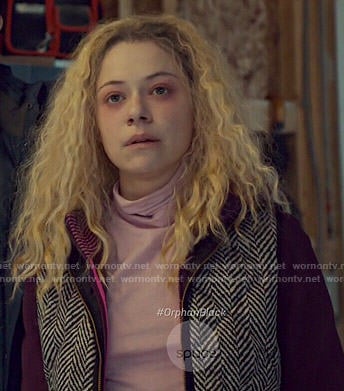 Helena's pink turtleneck and herringbone vest on Orphan Black