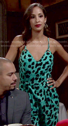 Lily’s aqua leopard print jumpsuit on The Young and the Restless