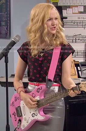 Liv’s lips print top and silver skirt on Liv and Maddie