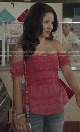 Mariana’s pink ruffled off-shoulder top on The Fosters