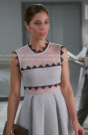 Marisol’s white mesh dress with triangle trim on Devious Maids