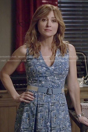 Maura's blue printed v-neck dress on Rizzoli and Isles