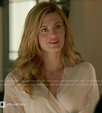 Paige's white lace trim robe on Royal Pains