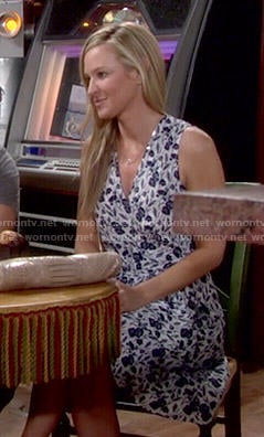 Sharon’s blue floral wrap dress on The Young and the Restless