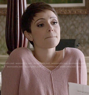 April's pink sweater with front seam on Chasing Life