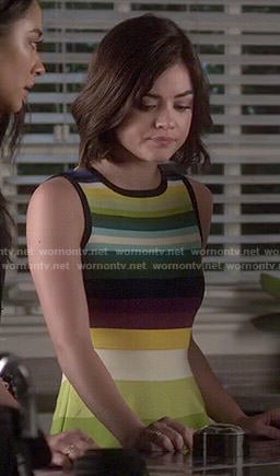 Aria's multi-colored striped dress on Pretty Little Liars