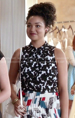 Beth's black and white printed crop top and geometric print skirt on Chasing Life
