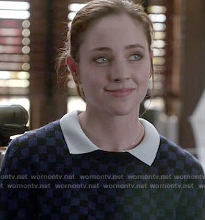 Brenna’s blue checkerboard sweater on Chasing Life