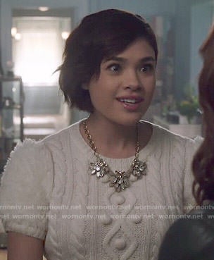 Heather’s white short sleeved cable knit sweater on Beauty and the Beast