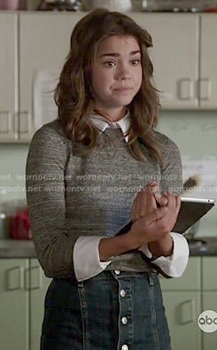 Callie's grey collared sweater and denim button front skirt on The Fosters