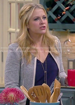 WornOnTV: Mel’s grey jacket with white trim on Melissa and Joey ...