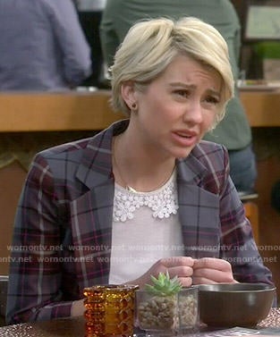 Riley's white crochet collar top and plaid blazer on Baby Daddy