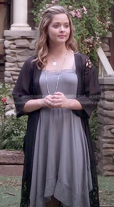 Ali's grey lace trim dress with asymmetric hem on Pretty Little Liars