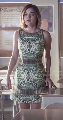 Aria's green printed dress on Pretty Little Liars