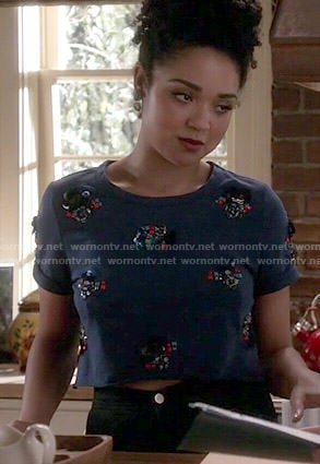 Beth’s blue embellished top on Chasing Life