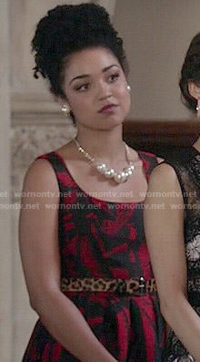 Beth's black and red printed dress on Chasing Life