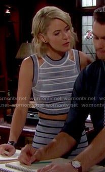 Caroline's blue striped crop top and skirt on The Bold and the Beautiful