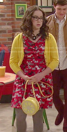 Delia's red dog print dress and lemon bag on I Didn't Do It