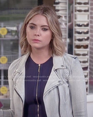 Hanna's navy zip front dress on Pretty Little Liars