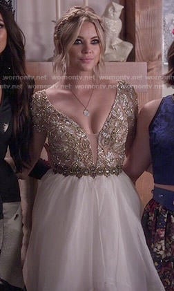 Hanna's white and gold high-low gown on Pretty Little Liars