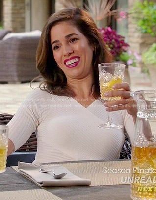 Marisol's white ribbed cross front dress on Devious Maids