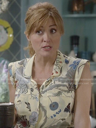 Maura's yellow floral sleeveless blouse on Rizzoli and Isles