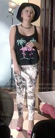 Roxie's flamingo tank top and printed jeans on Kevin from Work