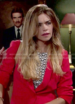 Victoria’s geometric printed top and red blazer on The Young and the Restless