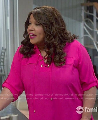 Yolanda’s pink lace up blouse on Young and Hungry