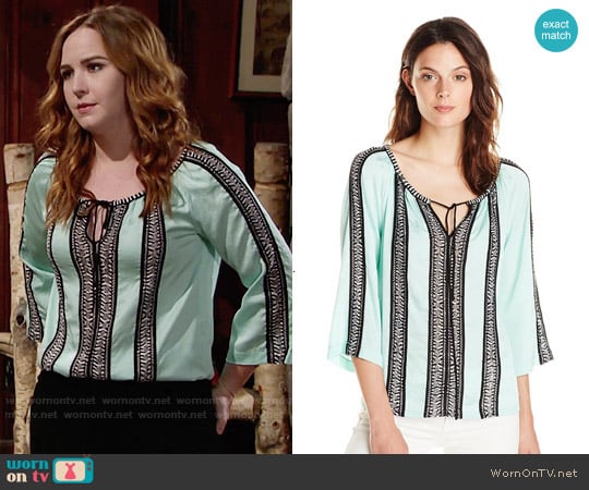 Nanette Lepore Tropical Ribbon Trim Blouse worn by Mariah Copeland (Camryn Grimes) on The Young and the Restless