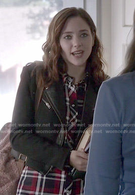 Brenna's red plaid shirt and leather trim jacket on Chasing Life