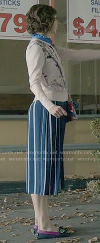 Carol’s blue striped culottes and pink floral cardigan on Last Man on Earth