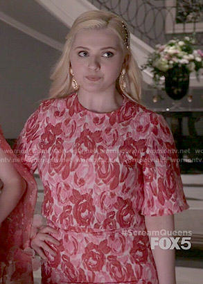 Chanel 5’s pink and red floral top and skirt set on Scream Queens