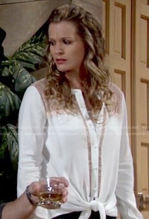 Chelsea's white lace panel tie-front blouse on The Young and the Restless