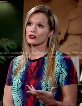Chelsea's blue and red snake print top on The Young and the Restless