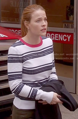 Daphne’s white, navy and red striped sweater on Switched at Birth