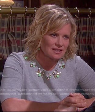 Kayla's grey dress with beaded neckline on Days of our Lives