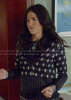 Laurel's mixed print v-neck sweater on How to Get Away with Murder