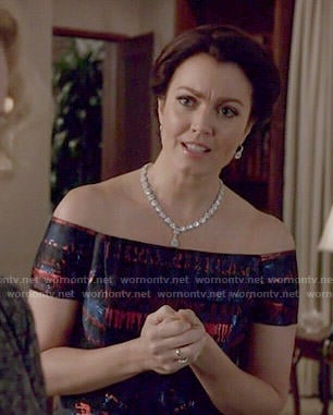 Mellie's blue and red off-shoulder gown on Scandal